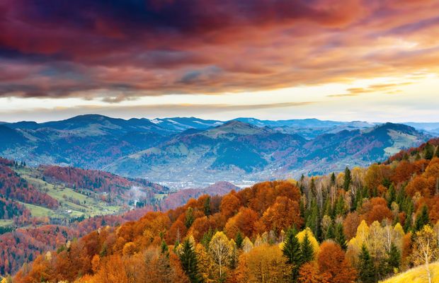 Ridge after ridge of autumn forest under a sunset sky
